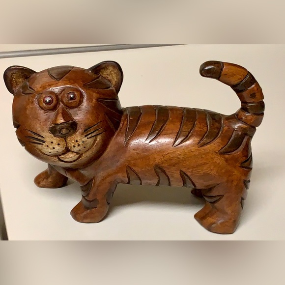 Vintage Mid Century Antique Solid Hand Carved Baby Tiger Cat Figurine Sculpture - Picture 10 of 16